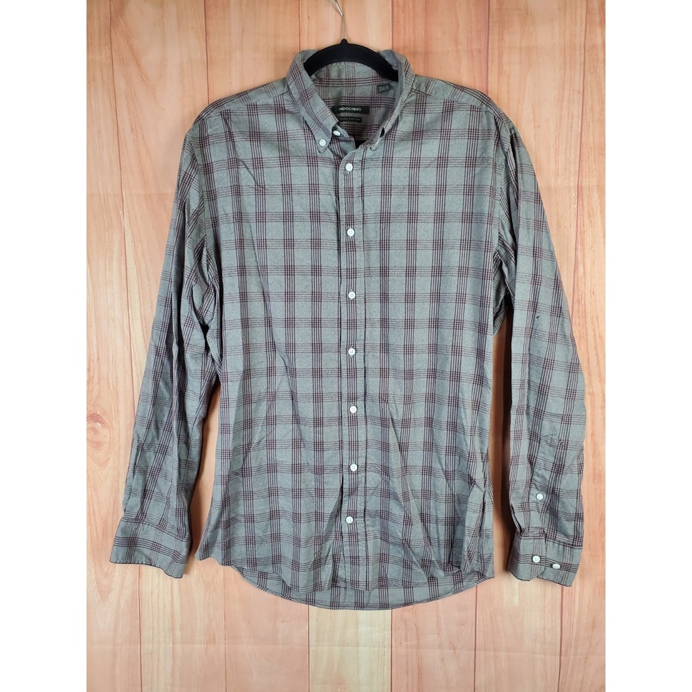 Indochino Mens Shirt Sz L Plaid Cotton Stretch Long Sleeve Collared Button-Down